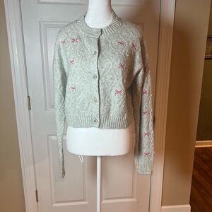 Jessica Simpson Women's Size M Grey Cardigan With Pink Bows And Jeweled Buttons